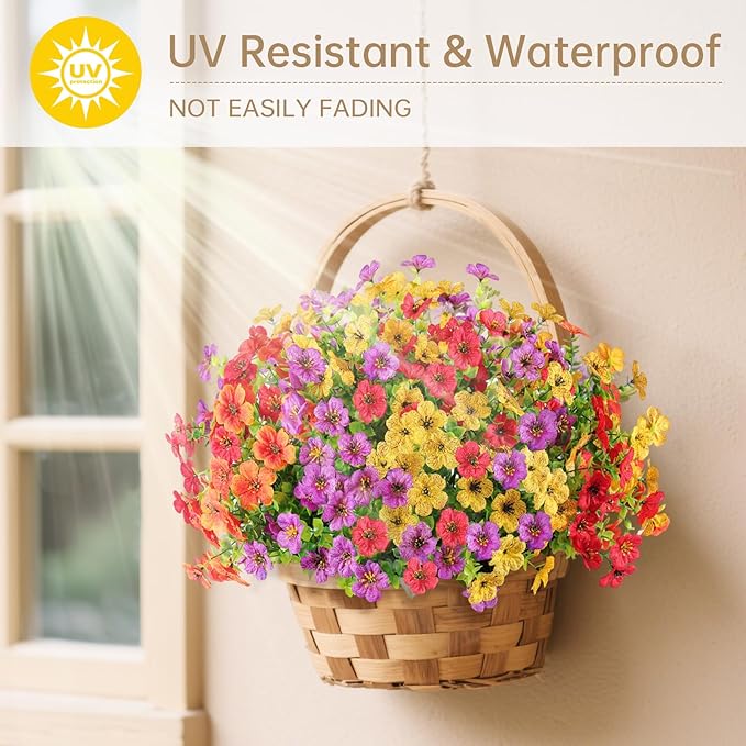 12 Bundles Artificial Flowers Plants for Outdoor Spring Summer Home Decor, Faux Flower Daisy with Eucalyptus Leaves Fake Plants, UV Resistant Artificial Flowers for Garden Porch Patio Decor Multicolor