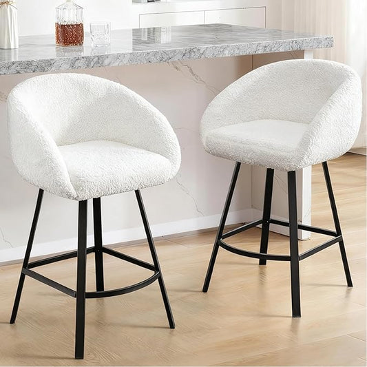 Zesthouse Swivel Counter Height Stools Set of 2, Modern Bar Stools for Kitchen Island, 26'' White Sherpa Kitchen Counter Height Chairs with Barrel Arms & Backs, Upholstered Fabric Bar Chairs