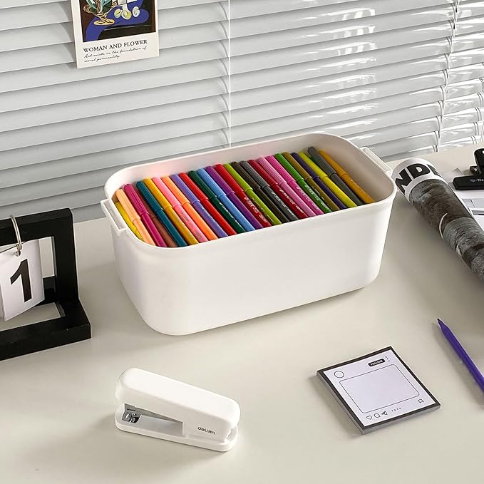 Large Pen Organizer with Lid, White Desk Accessories Storage Box for Home Office Organization, Plastic Crafts Case with Handle for Marker, Pencils, Stationery, Greeting Cards, Envelopes
