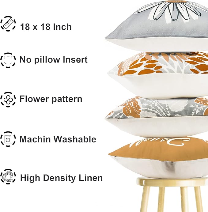 Decorative Throw Pillow Covers Set of 4 Coffee Pillow Covers 18x18 inch Fall Throw Pillow Cover Linen Square Pillowcases Cushion Cover,Boho Pillow Covers for Couch Sofa Farmhouse Home