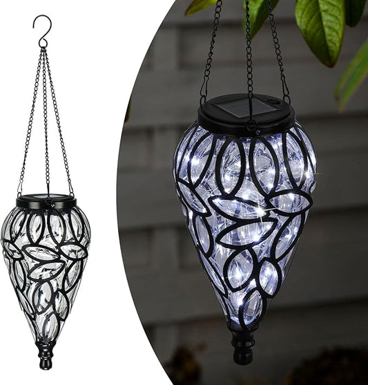 LEWIS&WAYNE Solar Hanging Lantern Outdoor Lights, Tear-Shaped 15 LEDs Cool White Hanging Lights with S Hooks Decor in Garden, Yard, Pathway, Front Door and Landscape