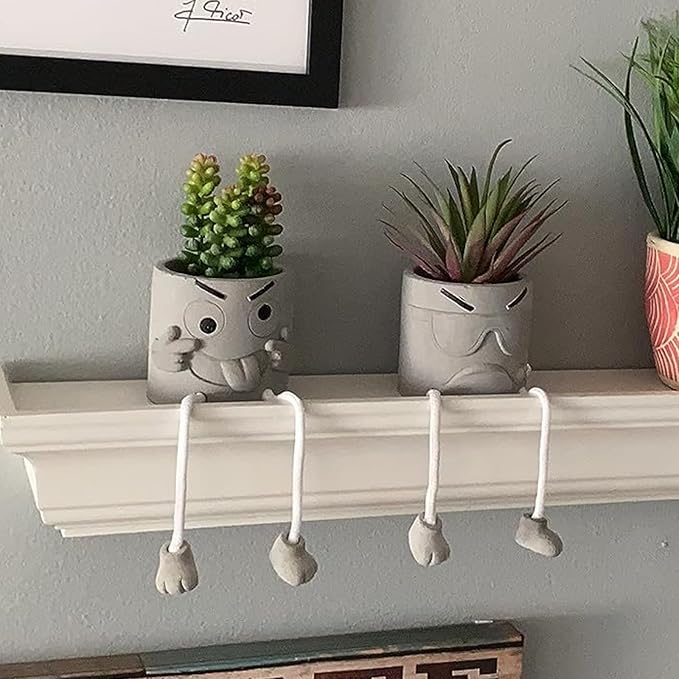 2PCS Artificial Mini Succulent Plants, Cute Fake Plant Faux Succulents in Grey Pots, Artificial Plants with Hanging Leg Potted for Home Office Desk Shelf Bathroom Decor