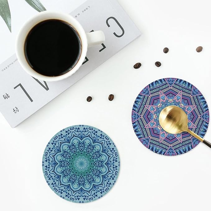 Mandala Boho Blue Purple Coasters Set of 6 Coasters for Drinks Absorbent Double-Sided Leather PVC Coaster for Tabletop Protection Coffee Table Decor Ideal for Home Decor House Warming Gifts