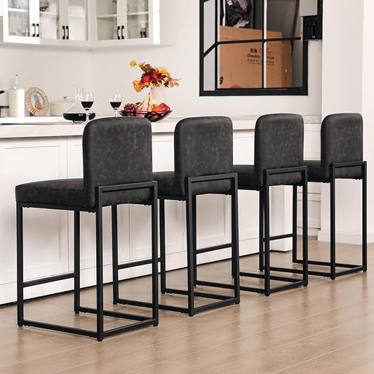 ALPHA HOME Counter Height Bar Stools, 24” Kitchen Counter Stools Set of 4, Pu Leather Kitchen Modern Bar Chairs with Back&Footrest, Sturdy Chromed Metal Steel Frame, Black