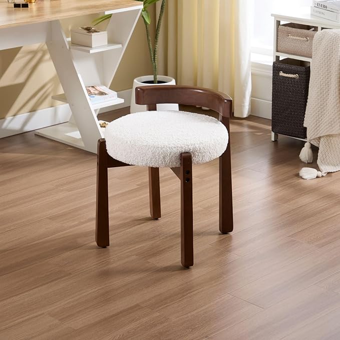 LukeAlon Cute Sherpa Upholstered Vanity Stool, Round Comfy Boucle Makeup Stool with Wooden Legs Small Ottoman Chair Modern Padded Seat Foot Rest for Makeup Room Cloakroom Bedroom, White