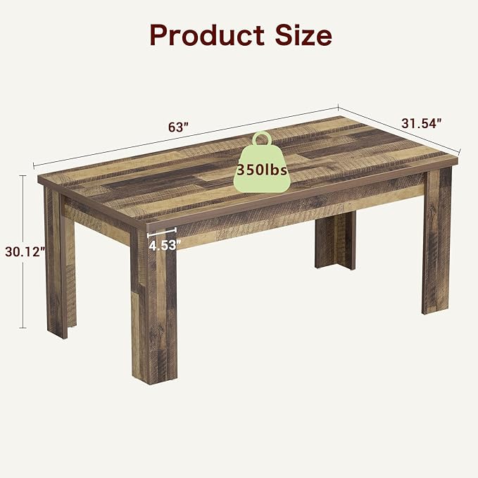 CABIHOME 63" Dining Table for 4-6, Large Farmhouse Rectangular Kitchen Dining Room Table, Wooden, Thick Frame & Sturdy Triangular Legs, Strong Wood Base for Small Space, Dinner, Kitchen, Rustic Brown