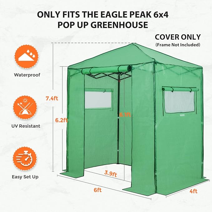 EAGLE PEAK Replacement Cover for 6x4 Portable Walk-in Pop up Greenhouse, Front Roll-Up Zipper Entry Door and 2 Roll-Up Side Windows (Frame Not Included), Green
