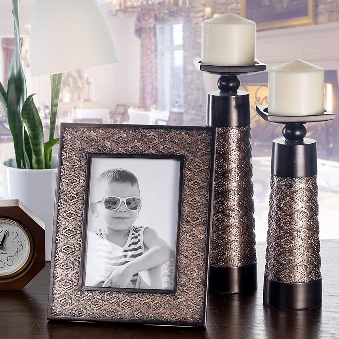 Creative Scents Dublin Brown Pillar Candle Holder Set of 2 - Home Decor Aesthetic, Coffee Table Decor Mantel Centerpieces Table Decorations, Living Room Decor or Dining Tabletop Decor -Gift Packaged-