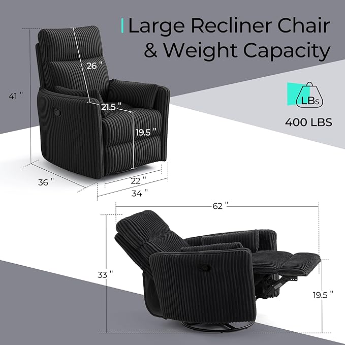 LINSY 360 Swivel Recliner Chair - Corduroy Nursery Glider Rocking Chair with 2 Pillows, Comfy High Back Adult Recliner for Small Spaces, Nursery Bedroom Living Room Reclining (Black)