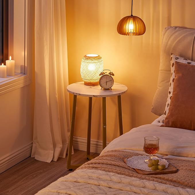 HOOBRO Side Table, Round Accent End Table with Sturdy Metal Pedestal, 15.7" Round Nightstand, for Living Room, Bedroom, Balcony, Office, Marble and Gold DM95BZ01