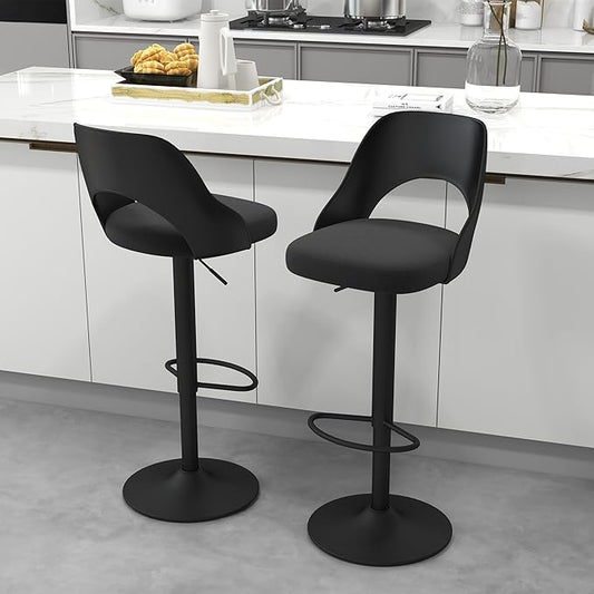 civama Bar Stools Set of 2 for Kitchen Counter, Seat Height Adjustable 25''-33'', Modern Upholstered Swivel Island Chairs with Hollow Backrest Metal Base, Black