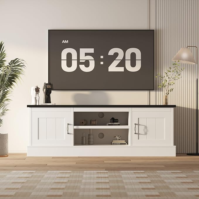 Farmhouse TV Stand for 65 Inch TVs Entertainment Center with Storage Cabinets Modern Media Console Table Rustic Wood Design for Living Room Office 61 * 17.7 * 21.7 Inch White&Black