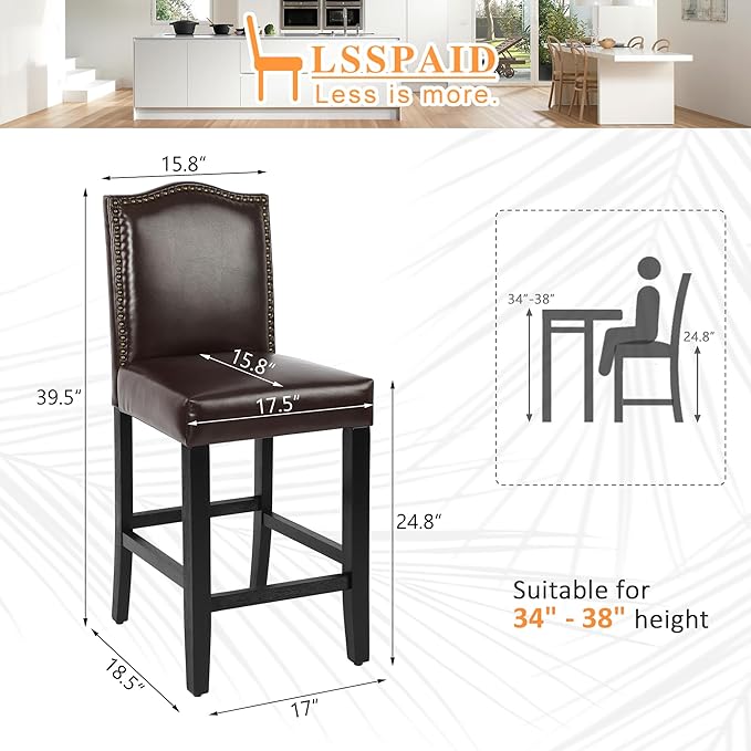 LSSPAID Counter Height Bar Stools Set of 2, 24.8 Inch Pu Upholstered Barstools, Kitchen Island Chairs with Bronze Nail Backrest and Solid Wood Legs for Kitchen Pub Home Cafe, Brown