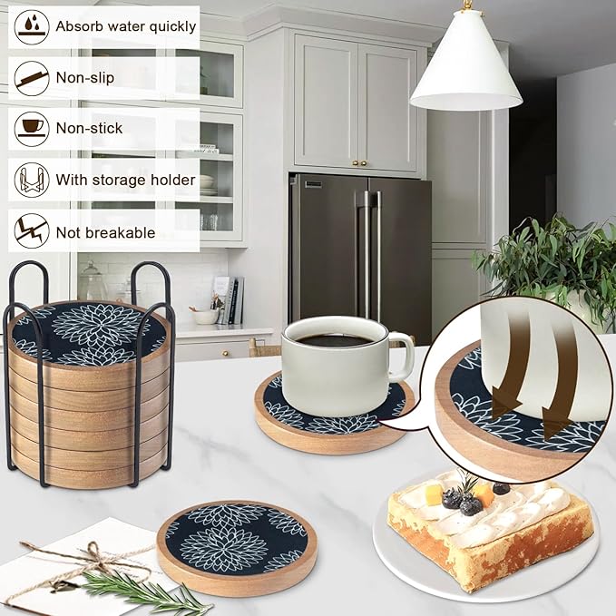 Wood Coasters Set of 8 with Holder, Cewiru Cup Mat for Drinks, Absorbent Coasters with Felt Insert for Coffee Table Protection, Modern Style Home Dining Table Decor, 4.3" Black