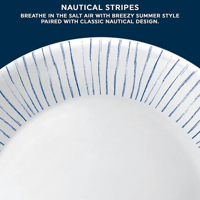 Corelle 18-Piece Dinnerware Set Service for 6, Lightweight Round Plates and Bowls Set, Vitrelle Triple Layer Glass, Chip Resistant, Microwave and Dishwasher Safe, Nautical Stripes