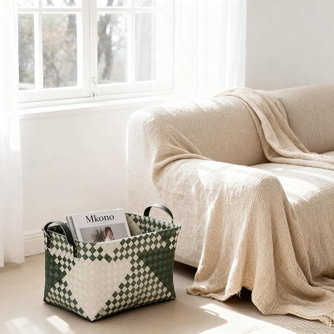 15L Laundry Baskets Waterproof Storage Baskets For Shelves Large Laundry Hamper With Leather Handle -set of 6 Cube Organizers Woven Bins for Bathroom,Bedroom,Pantry,Clothes,Car & Towels-Green