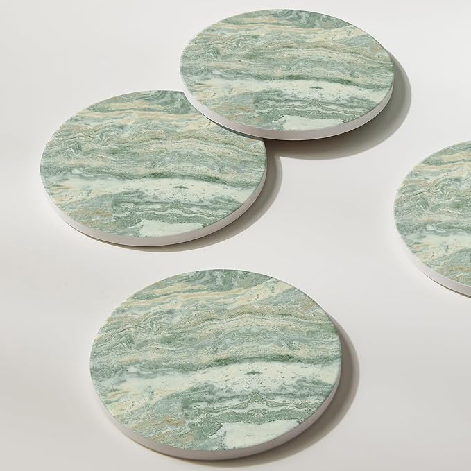 Set of 6 Sage Green Abstract Onyx Marble Coasters with Holder, Absorbent Ceramic Drink Coasters for Table Protection, Coffee Table Decor