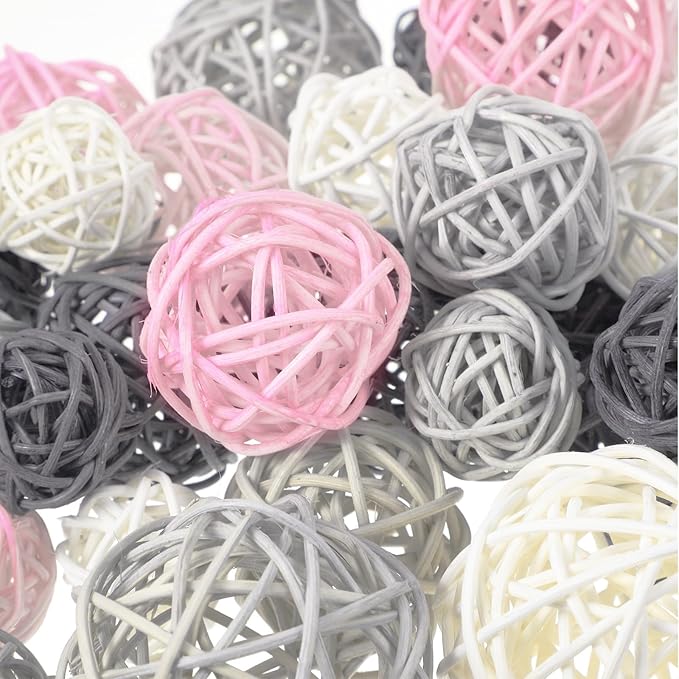 Patelai 36 Pcs Wicker Rattan Balls Decorative Balls for Vase Centerpiece Bowls Orbs Filler for Home Decor,4 Sizes(White, Pink, Light Grey, Dark Grey)