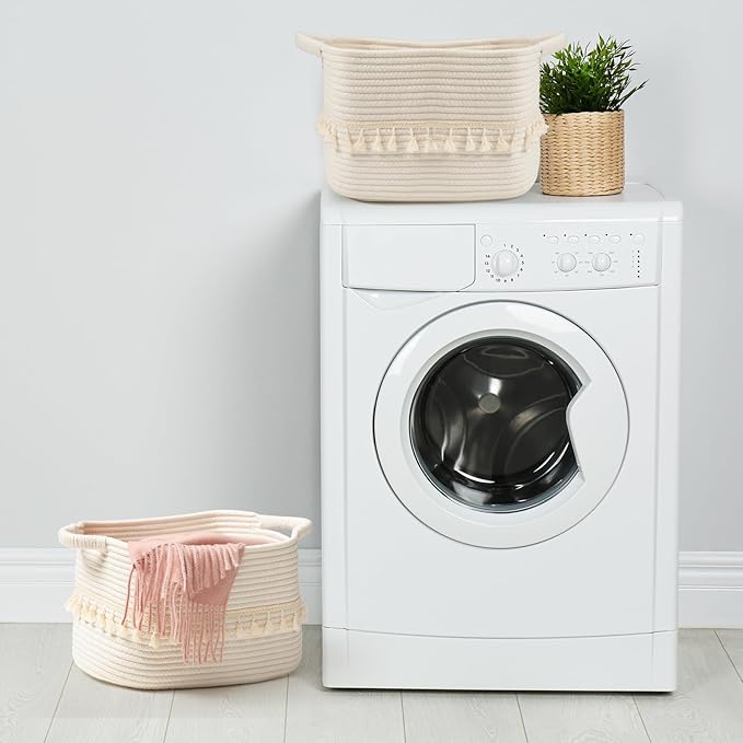 TeoKJ White Cotton Rope Baskets for Storage, Set of 3 Woven Clothes Basket for Organizing and Storage, Blanket Basket for Living Room Laundry Bathroom Shelves