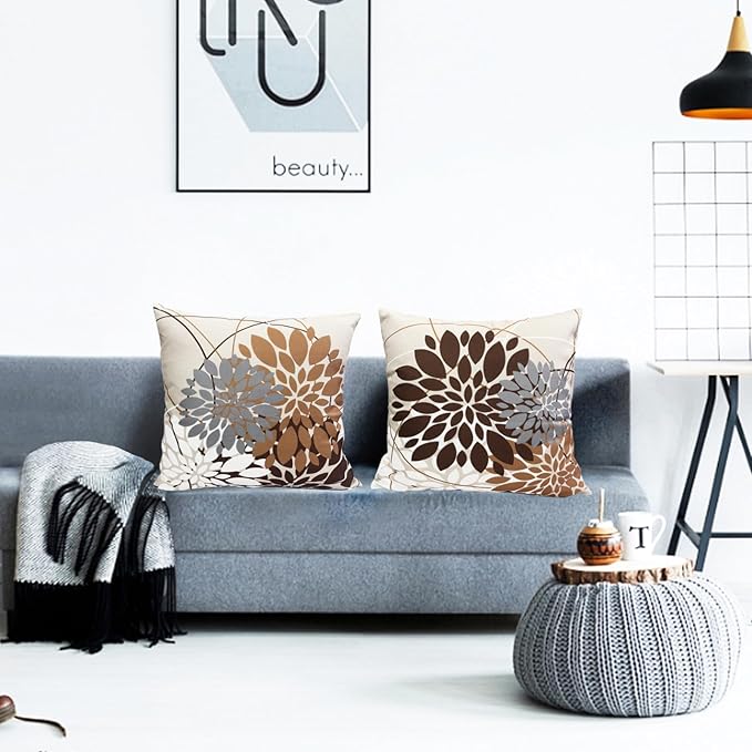 Coffee Brown Decorative Throw Pillow Covers 16x16 Inch Pillow Covers for Couch Living Room Bed Outdoor.Modern Sofa Throw Pillow Cover.Farmhouse Geometric Floral Linen Square Pillow Case.Set of 2