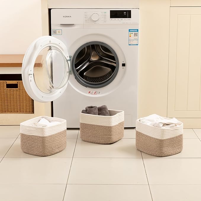 OIAHOMY 9”x9”x7” Storage Cubes, Cotton Rope Woven Baskets for Organizing, Cube Storage Bin, Small Gift Basket for Shelf, 3-Pack, Brown&White