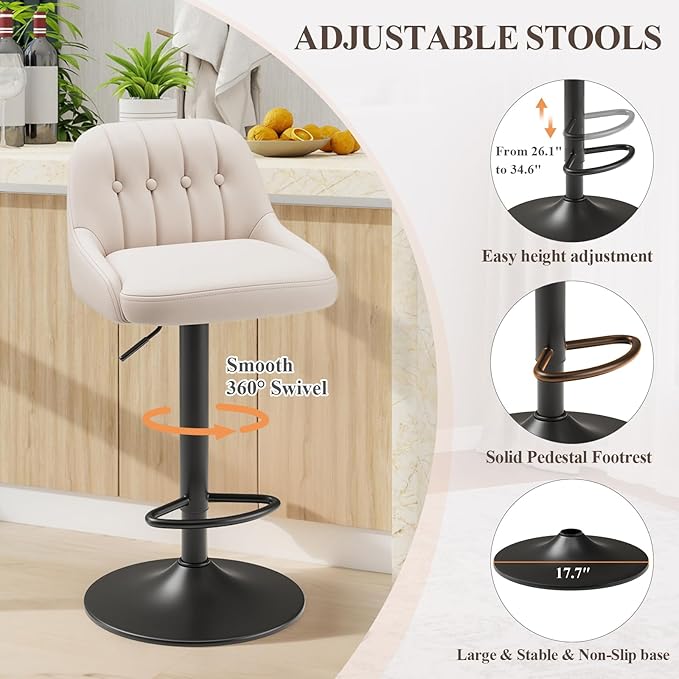Bar Stools Set of 4, Swivel Bar Chairs, Modern Adjustable PU Leather Upholstered Barstools Counter Height with Tufted Back for Bar, Kitchen Counter Island, Dining Room, Beige