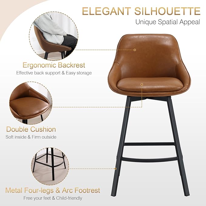 Zesthouse Swivel Counter Height Stools Set of 2, Modern Upholstered Barstools with Backs, 26'' Faux Leather High Chairs for Island Kitchen, Counter Height Chairs with Metal Legs, Brown