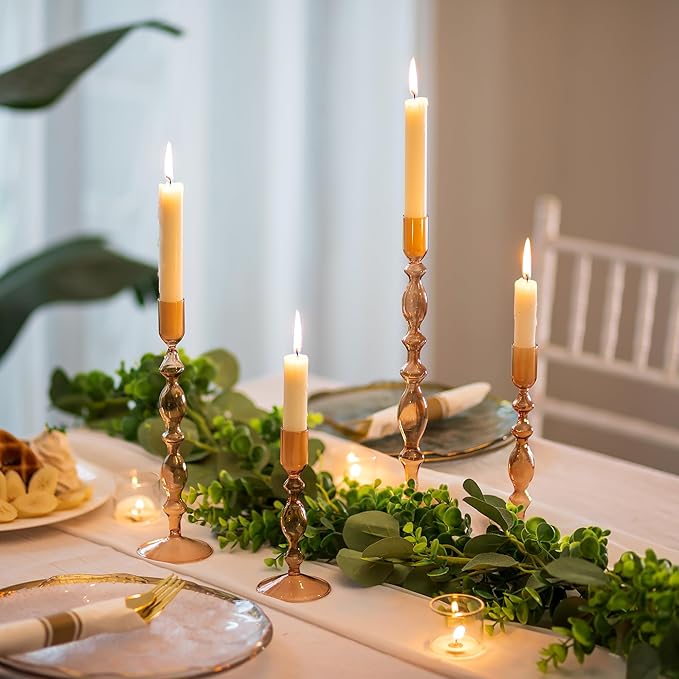 Glasseam Amber Taper Candle Holders: Set of 4 Decorative Modern Candle Sticks Holder Decor Tall Candlestick Holders for Table Fall Centerpiece Dining Thanksgiving Halloween