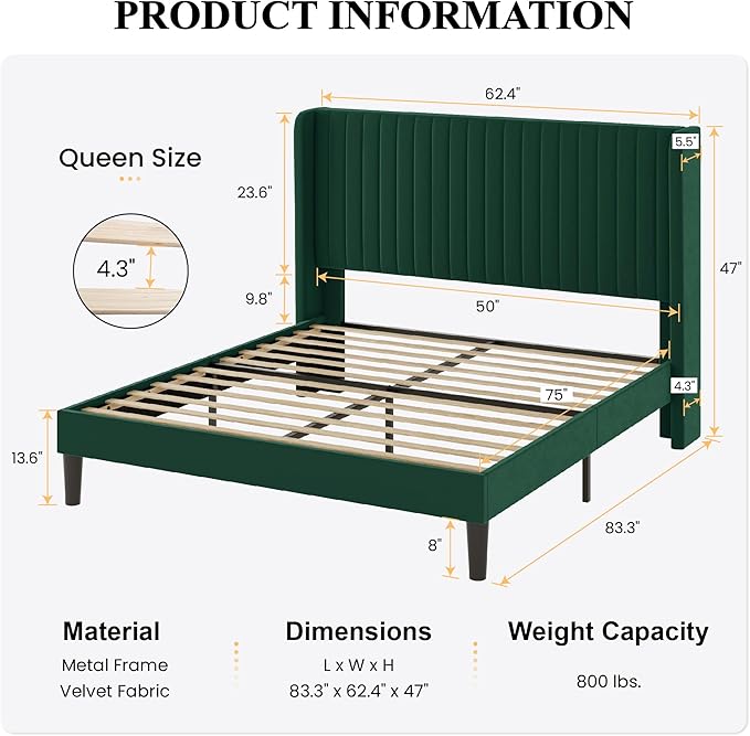 SHA CERLIN Queen Size Velvet Bed Frame with Vertical Channel Tufted Wingback Headboard, Upholstered Platform Bed with Wood Slats, No Box Spring Needed, Easy Assembly, Green