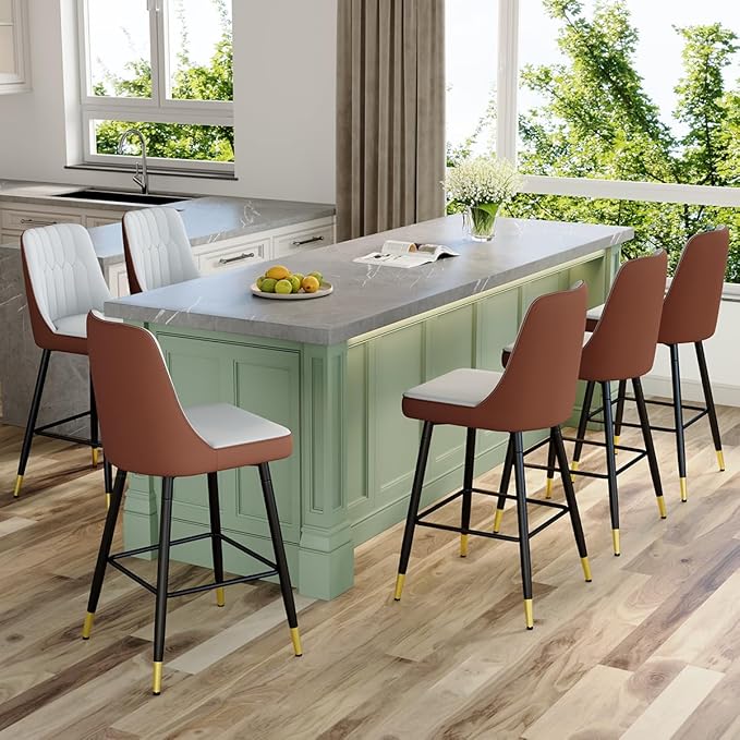 Grey Bar Stools Set of 6,27" Counter Height Bar Stools Set of 6,Faux Leather Counter Stools with Soft Padded Seat & Curved Backrest,Modern Kitchen Island Chairs for Dining Café