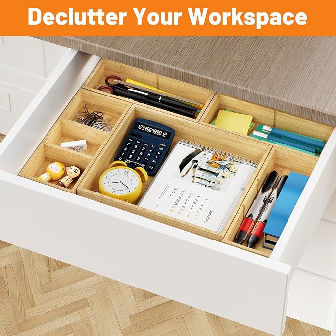 SpaceWhisper Bamboo Drawer Organizer, 10-Piece Drawer Divider with Removable Dividers for Organization and Storage, Multi-Use Stackable Storage Box & Utensil Holder for Kitchen, Office, Makeup & More