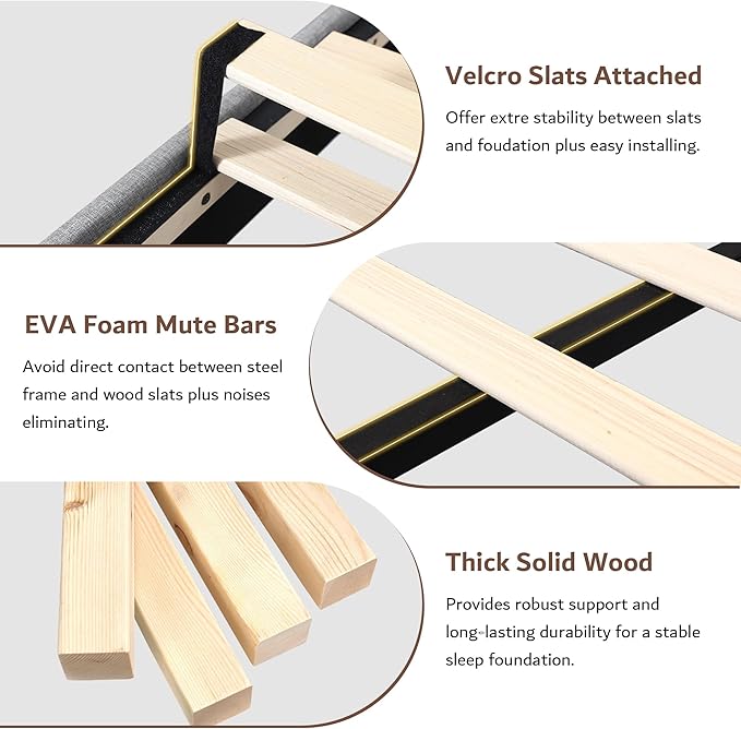 iPormis Full Size Bed Frame with Charging Station, Linen Platform Bed Frame with Wingback Headboard Upholstered Bedframe, Solid Wood Slats Support, No Box Spring Needed, Easy Assembly, Light Grey