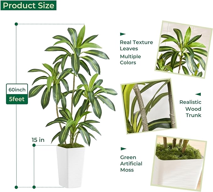 5FT Artificial Dracaena Tree with White Planter and Fake Green Moss - Real Touch Fake Plant for Home & Office Decor, Faux Yucca Indoor Floor Tree, Pre-Potted Plants,