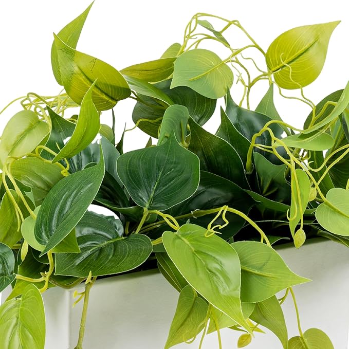 MyGift Vibrant Lifelike Artificial Plant Pothos Leafy Vine Greenery in White Concrete Rectangular Planter Box