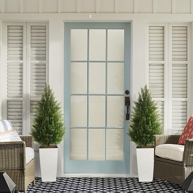 4FT Tall 2 Set Artificial Topiary Cedar Tree, Indoor Realistic Faux Cypress Plants with Square Flowerpot, Outdoor Evergreen Fake Shrubs for Home Living Room Front Porch Decor