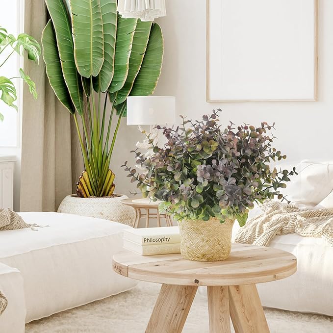 RECUTMS 12 Bundles Fake Bushes Artificial Plants Outdoor Faux Plant Eucalyptus Stems Fake Porch Plants for Farmhouse Bathroom Office Vase Centerpiece Indoor Outdoor Decor(Dusty Purple)