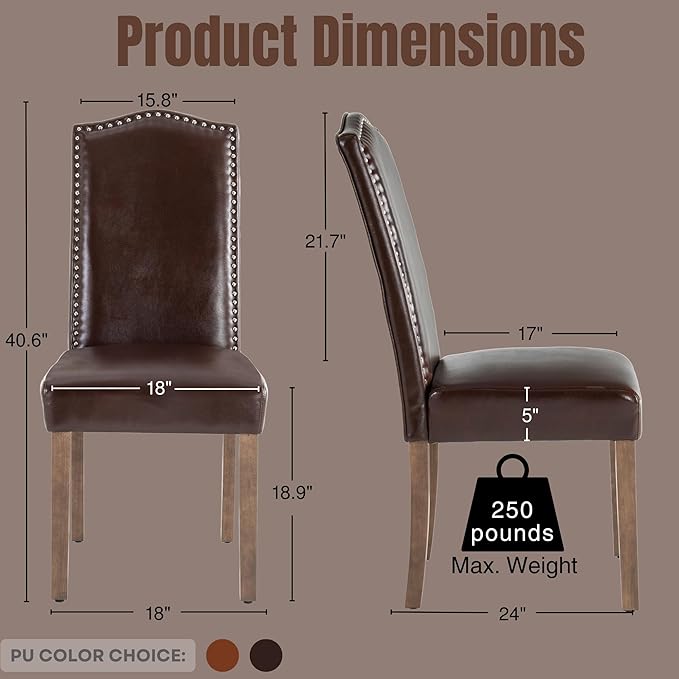 Stylish Upholstered Parsons Dining Chair PU Faux Leather with Silver Nailhead Trim and Sturdy Solid Wood Legs