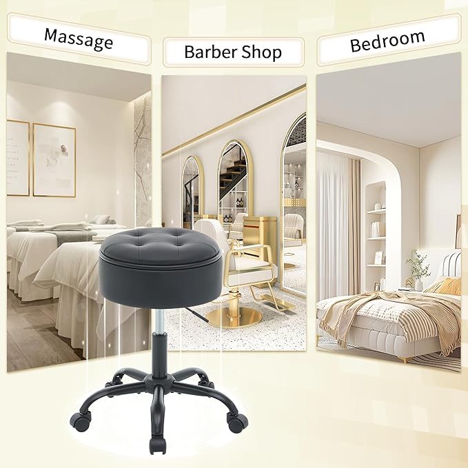 Rolling Stool, Adjustable Height Leather Esthetician Stool Thick Seat Cushion 20.67"-24.61", Black Vanity Chair with Storage
