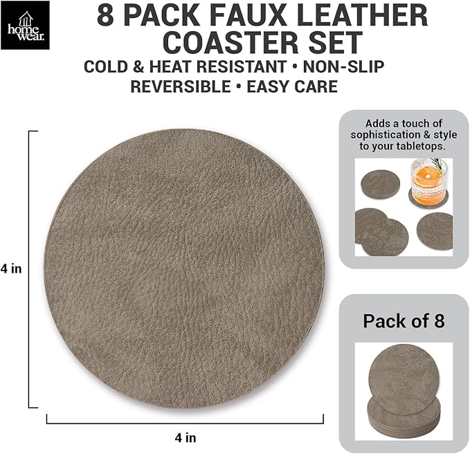 Set of 8 Morgan Faux Leather 4 Inch Round Coasters, Heat & Water Absorbent, Natural Style, Drinks Tabletop Home Dinning, Grey