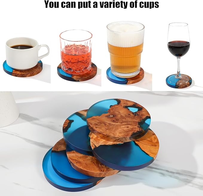 Drink Coaster Set, Wooden Coasters, Resin Coaster for Coffee Table, Tabletop Decorative Artwork, Unique, Handmade & Aesthetically Pleasing for Home, Office, Bar Decor,Coasters Set of 6 with Holder(6)