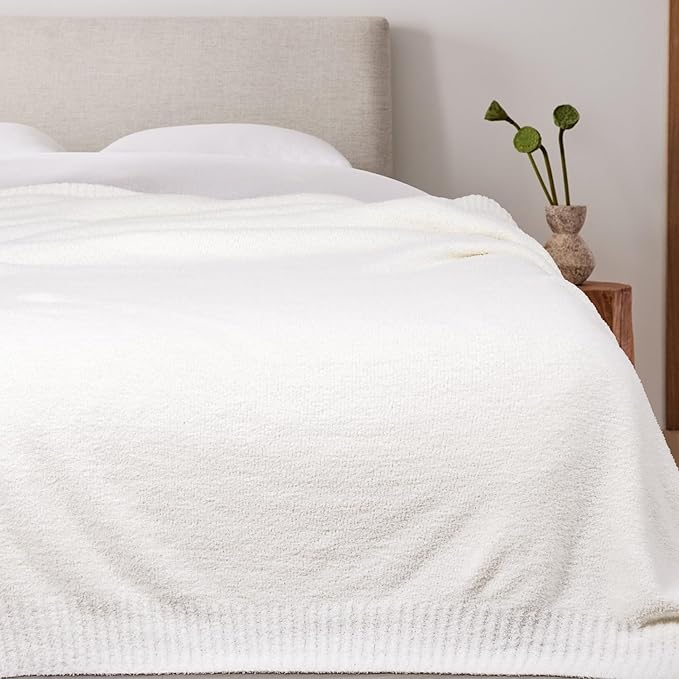 JOOJA Cream White Fuzzy Knitted Blanket, Soft Lightweight Plush Queen Size for Bed, Cozy Nights (90x90)
