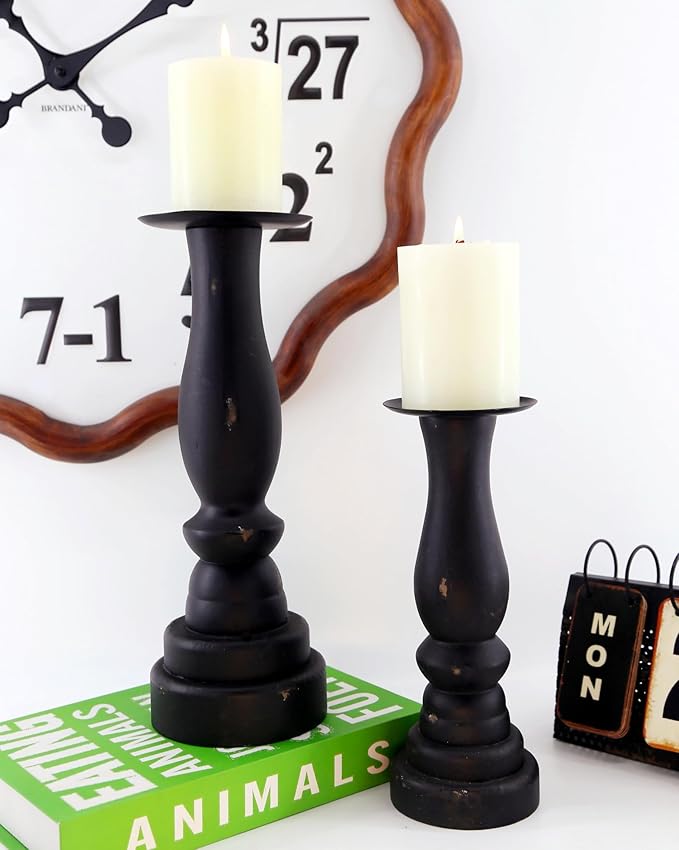 Black Worn Pillar Candle Holder - Rustic Wooden Farmhouse Candlestick Holders for - 2 Piece Set