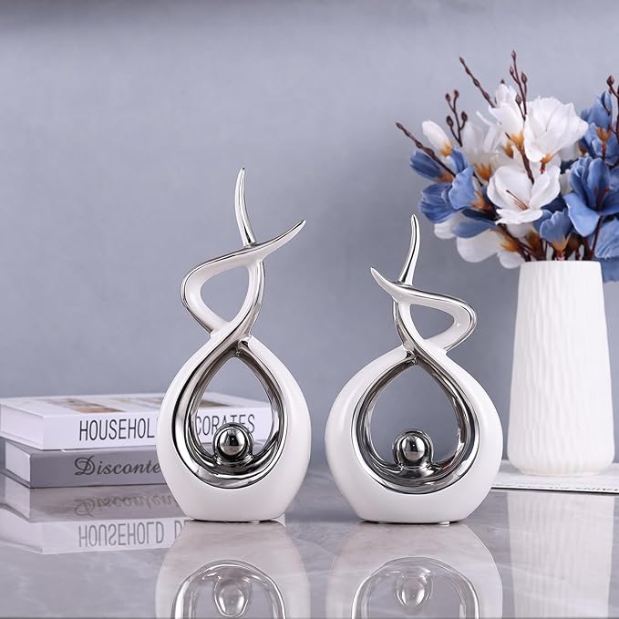 Silvery Modern Sculpture Table Decorations, Ceramic Knick Knacks Statues for Living Room Decor, Tv Stand and Desk Decor, Suitable for Coffee Tables and Shelf Decorations, Great Gift Idea
