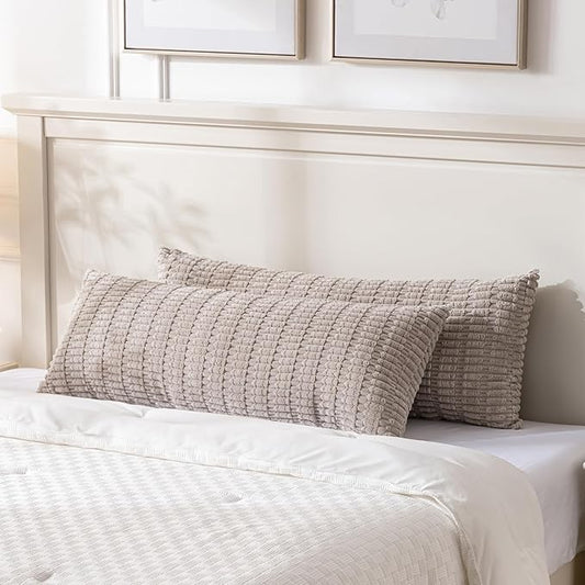 Fancy Homi 2 Packs Taupe Long Lumbar Decorative Throw Pillow Covers 14x36 Inch for Bed Couch Bed Sofa, Rustic Farmhouse Boho Room Decor, Soft Striped Corduroy Rectangle Cushion Case 35x91 cm