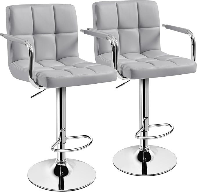 Yaheetech Bar Stools Set of 2, PU Leather Adjustable Swivel Barstools, Hydraulic Kitchen Counter Height Bar Chairs with Armrest and Back for Kitchen, Dining Room, Light Grey