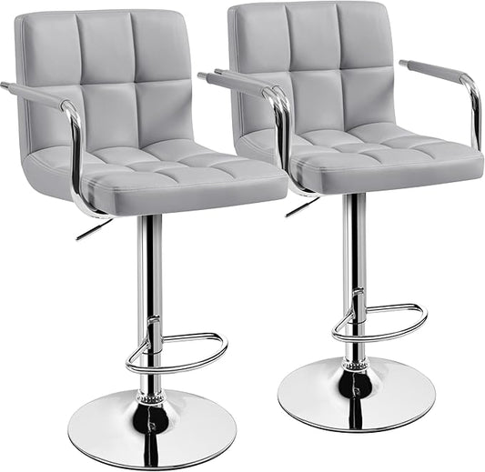 Yaheetech Bar Stools Set of 2, PU Leather Adjustable Swivel Barstools, Hydraulic Kitchen Counter Height Bar Chairs with Armrest and Back for Kitchen, Dining Room, Light Grey