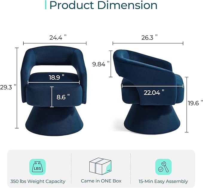 LINSY Swivel Barrel Chair, 360° Modern Swivel Accent Chair with Arms, Boucle Swivel Chair Blue Velvet Chairs for Bedroom Living Room Small Spaces