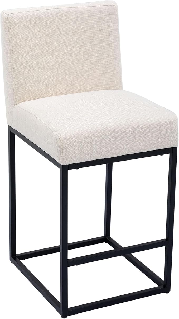 VESCASA Linen 27 inches Counter Height Bar Stool with Padded Back, Modern Upholstered Counter Stool Chair with Black Metal Frame for Kitchen Island, 1 Piece, Cream