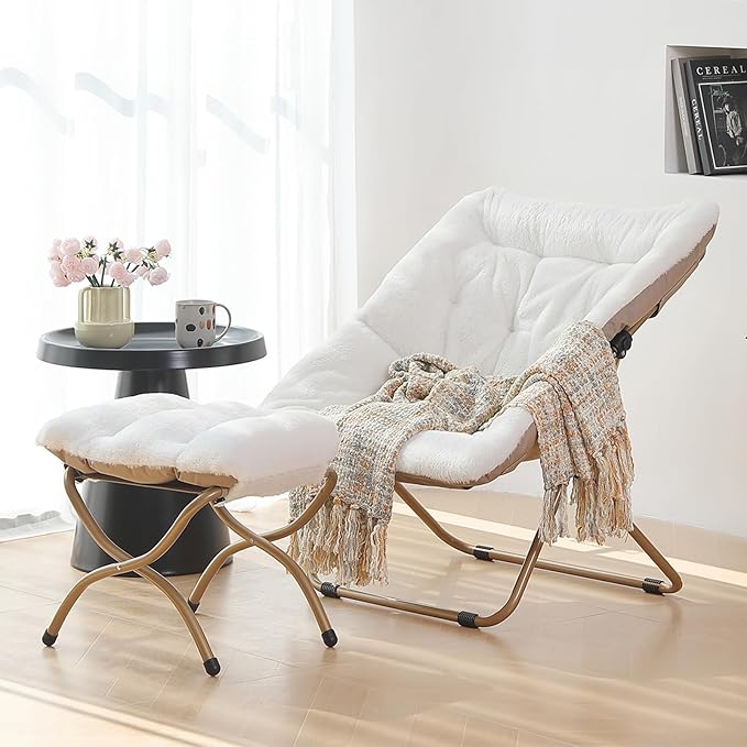 Saucer Chair with Ottoman, Comfy Bedroom & Living Room Chairs, Foldable Metal Frame Chair (White)