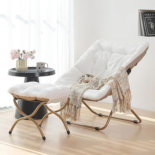 Saucer Chair with Ottoman, Comfy Bedroom & Living Room Chairs, Foldable Metal Frame Chair (White)